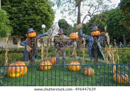 scarecrow and halloween pumpkin head jack o lantern statues for halloween decoration theme in an outdoor - Halloween Statues scarecrow and halloween pumpkin head jack o lantern statues for halloween decoration theme in an outdoor - Halloween Statues