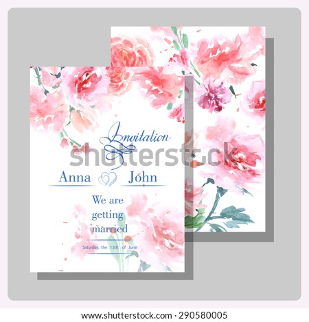 Wedding invitation cards with wild rose. (Use for Boarding Pass, invitations, thank you card.) Vector illustration.