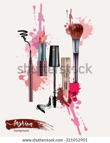 Cosmetics and fashion background with make up artist objects: lipstick, mascara eyeliner.  With place for your text. Template Vector.