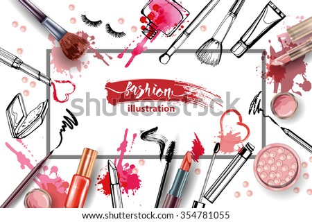 Cosmetics and fashion background with make up artist objects: lipstick, cream, brush.  With place for your text .Template Vector.