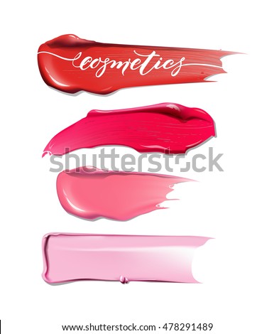 Collection of various Smears lipstick on white background. Beauty and cosmetics background. Use for advertising flyer, banner, leaflet. Template Vector.