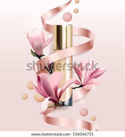 Cosmetic product, Foundation, concealer, cream with flowers. Beautiful bottle with flowers Magnolia. Beauty and cosmetics background. Use for advertising flyer, banner, leaflet.Template Vector.