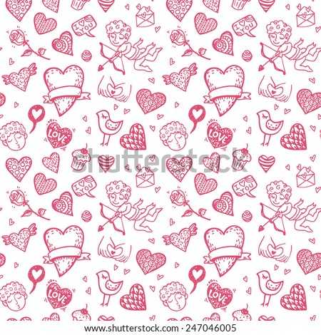 Valentine`s day hand drawn doodle background.