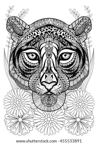 Zentangle Stylized Tiger Face On Flowers Hand Drawn Ethnic Animal For Adult Coloring Pages