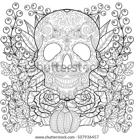 Zentangle Stylized Skull With Pumpkin Rose Sunflower For Halloween Freehand Sketch Adult