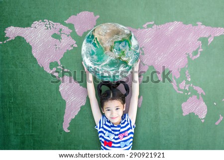 Happy Asian girl kid child raising hands holding green globe go green bio chalkboard with pink hand drawn map background: World literacy concept CSR: Elements of this image furnished by NASA
