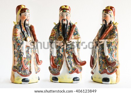 Set of Chinese lucky gods,Lok or Lu statues "God of Wealth" on White background