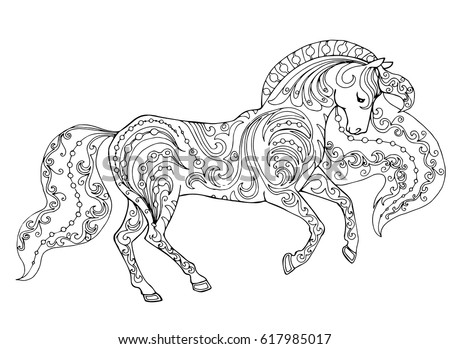 Beautiful Decorated Running Horse Zentangle Page For Adult Colouring Book