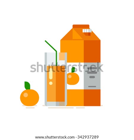 Orange juice in glass. Carton box. Vector illustration. Flat design style