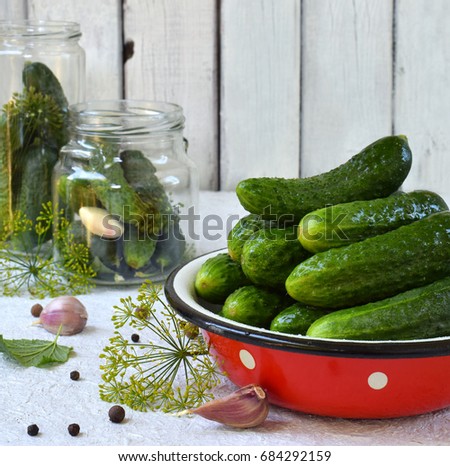 Preservation of pickling cucumber. Preparation of conservation from organic vegetables on a light background. Homemade organic crunch green pickles in a jar. Copy space