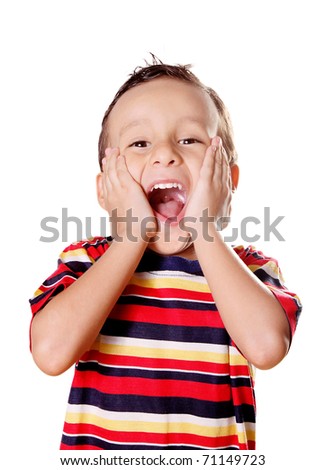 Child expressing surprise and happiness over white background