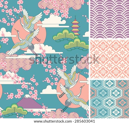 Japanese pattern set. Seamless vector ornaments with traditional motives.