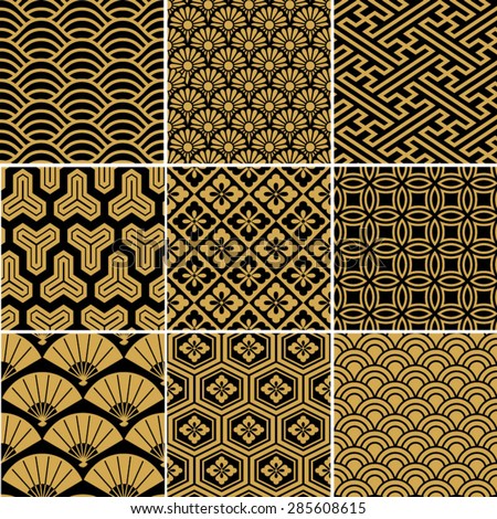 Seamless vector pattern set. Traditional japanese ornamental motives.