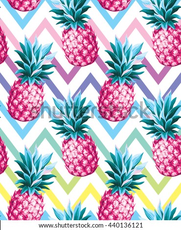 Pineapple seamless pattern on an abstract geometrical background. Vector illustration.