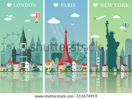 Cities skylines set. Flat landscapes vector illustration. London, Paris and New York silhouettes with landmarks.