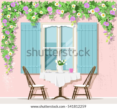 Stylish Provence street cafe exterior: window, table and chairs. Flat style vector illustration.