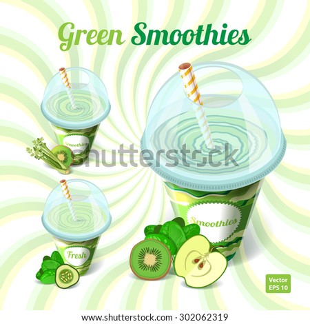 A set of three green smoothies in plastic cup with drinking straw with apple, kiwi, spinach, celery, kiwi, cucumber on isolated background. A healthy diet, vegetarianism and detox. Vector illustration