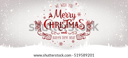 Christmas and New Year Typographical on shiny Xmas background with winter landscape with snowflakes, light, stars. Merry Christmas card. Vector Illustration