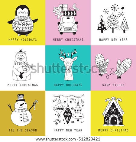 Christmas holiday cute hand drawing greeting card set