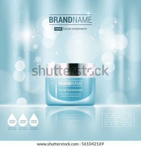 Facial cream glass jar realistic vector illustration isolated on blue bokeh background. Cosmetic ad mock up template for sale poster design
