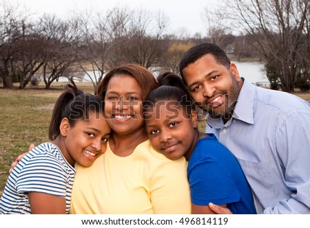 Happy Attractive Hispanic Family Portrait Outdoors Stock Photo ...