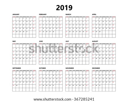 stock vector calendar year simple style with grid week starts from sunday 367285241