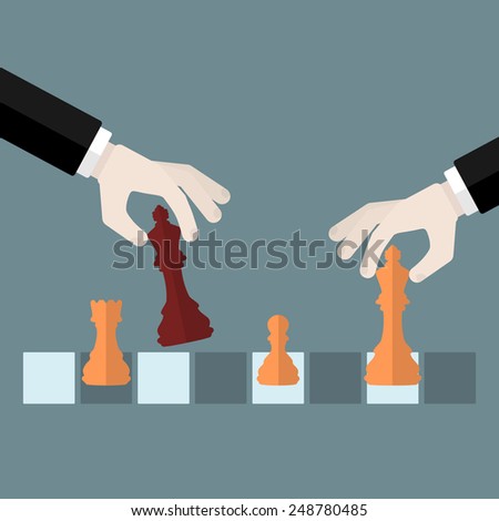 Flat design modern vector illustration concept of checkmate with isolated hands holding chess pieces over chessboard
