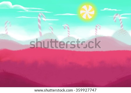 Illustration The Candy Land With Sun Realistic Fantastic Cartoon Style Artwork Scene Illustration The Candy Land With Sun Realistic Fantastic Cartoon Style Artwork Scene
