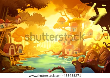 Tree House In Forest Under Gold Ray Of Sun Video Game Digital CG Artwork Tree House In Forest Under Gold Ray Of Sun Video Game Digital CG Artwork