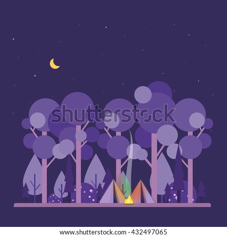 Colorful vector concept with camping scene. Night landscape with tent, forest, fire, sparks, starry sky. Flat style. Design illustration. Perfect for website banners, flyer, poster.