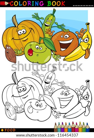 Coloring Book Or Page Cartoon Illustration Of Funny Food Characters Fruits And Vegetables For Children Education