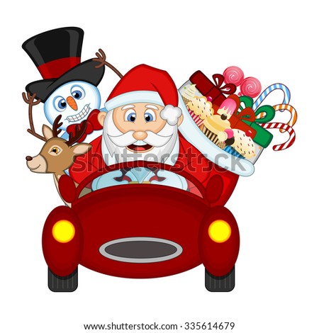 Santa Claus Driving a Red Car Along With Reindeer, Snowman And Brings Many Gifts