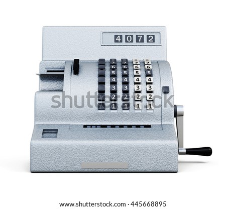 Vintage cash register front view isolated on white background. 3d rendering.