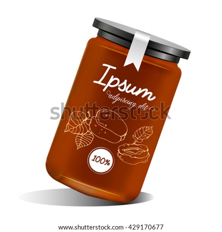 Realistic Glass Bottle Packaging For Fruit Jam Design Apricot With Label Typography Realistic Glass Bottle Packaging For Fruit Jam Design Apricot With Label Typography