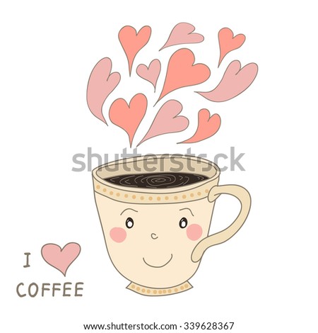 Vector Hand Drawn Cute Cup Of Coffee With Hearts Smile On White Background Vector Hand Drawn Cute Cup Of Coffee With Hearts Smile On White Background