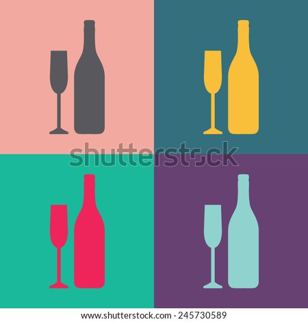 A bottle of champagne and a glass vector icon.