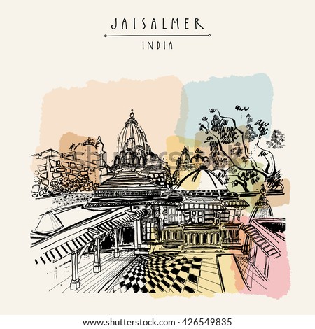 A temple in Jaisalmer, Rajasthan, India. Hand drawn illustration. Travel sketch on paper. Poster, postcard template. Vector