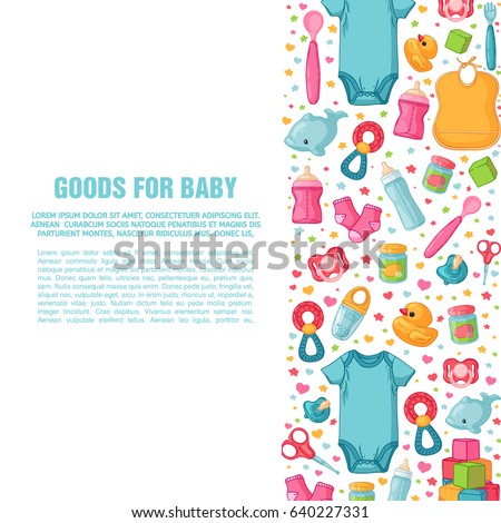 Set of design templates for vertical banners with childhood's patterns. Newborn staff for decorating flyers. Clothes, toys, accessories for babies. Square poster with infant item. Vector.