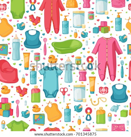 Design seamless pattern with childhood's items . Background with newborn staff for decorating flyers. Backdrop for card, invitation for babies shower with infant clothes, toys, accessories . Vector