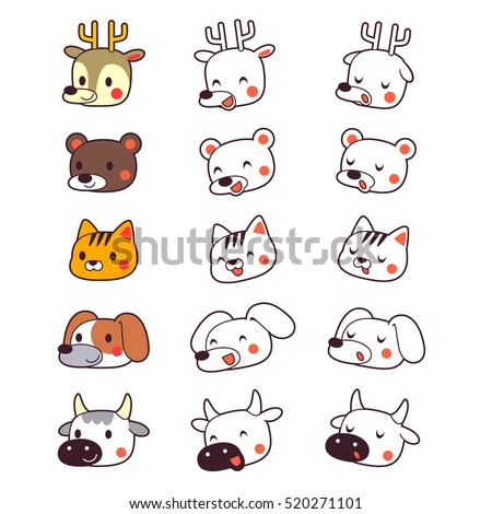 Vector Set of Cute Animal Faces including Deer, Bear,Cat,Dog, and Cow, isolated on White Background.