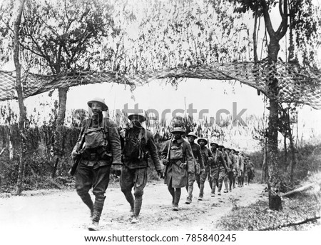 World War 1. U.S. Army infantry troops from an African American unit marching northwest of Verdun, France. Ca. 1918.