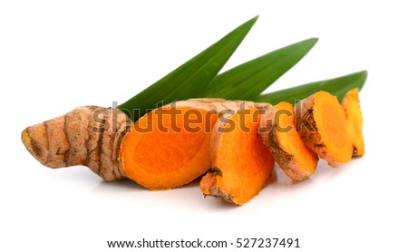 Fresh turmeric root on white