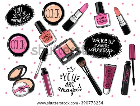 Hand Drawn Cosmetics Set Nail Polish Stock Vector 