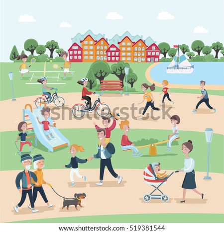 stock vector vector cartoon illustration of people having activities in the park with rest this content have 519381544