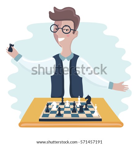 Vector illustration of funny cartoon smiling young clever man with glasses playing chess