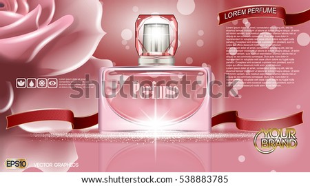 Perfume bottle Cosmetic ads template, droplet bottle mock up isolated on dazzling roses background. Place for brand text. Glamorous fragrance sparkling effects. Vector illustration