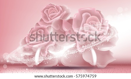Rose flowers sparkling background. Ads template, droplet mock up isolated on dazzling roses backdrop. Place for brand text. Glamorous fragrance effects. Vector illustration