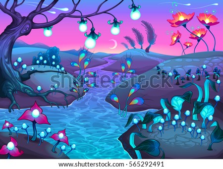 Fantasy nocturnal landscape. Cartoon vector illustration.