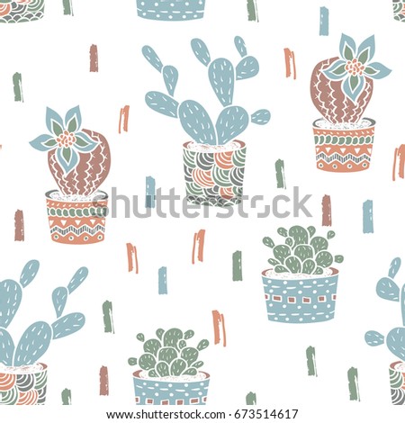 Cactus Seamless Pattern Trendy Boho Background Stock Vector 673514617