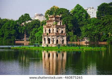 Hanoi, Vietnam -Oct 19, 2015 Hoan Kiem Lake, the little lake in the old part of Hanoi, Vietnam, with the Turtle Tower. Turtle Tower is the symbol of Hanoi,Vietnam